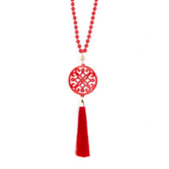 Long Red Resin Pendant Necklace with Tassel | New - Picture 3 of 4